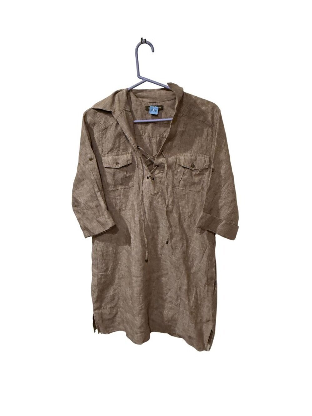 Tommy Bahama Linen Lace-Up Long Tunic Dress With Roll-Tab Sleeves Chest Pockets